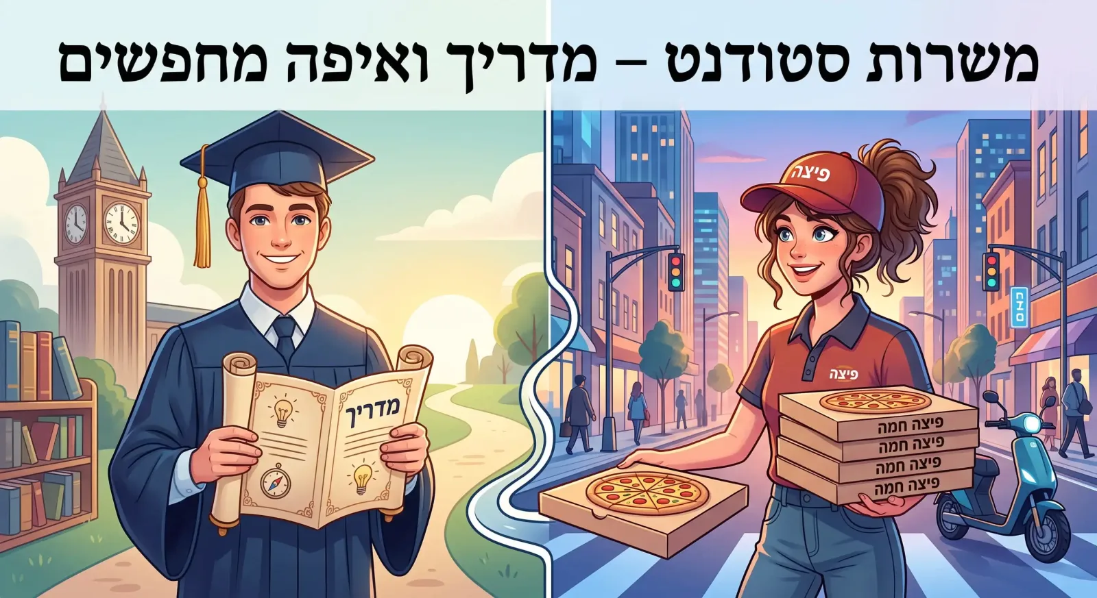 סטודנט עם גלימה וכובע ואשת משלוחים של פיצה